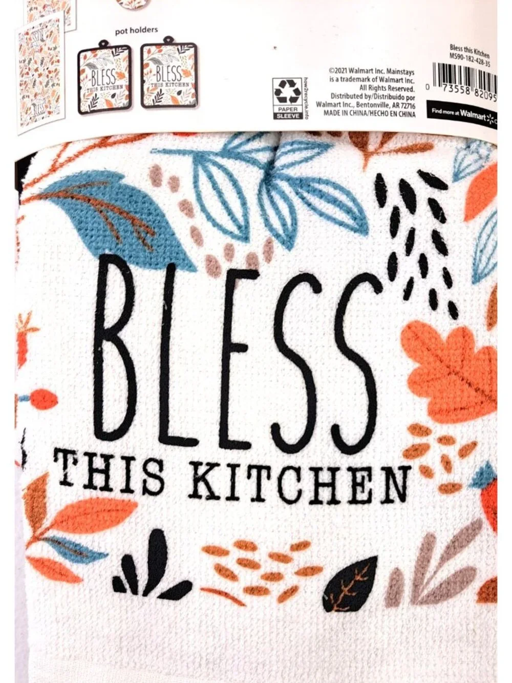 Mainstays 5-Piece Kitchen Set Oven Mitt Pot Holder Towels Bless This Kitchen New